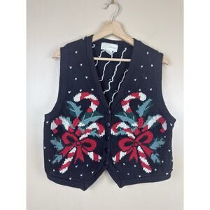 Vintage id Distinctions Christmas Sweater Vest Women’s L Candy Cane Embroidered